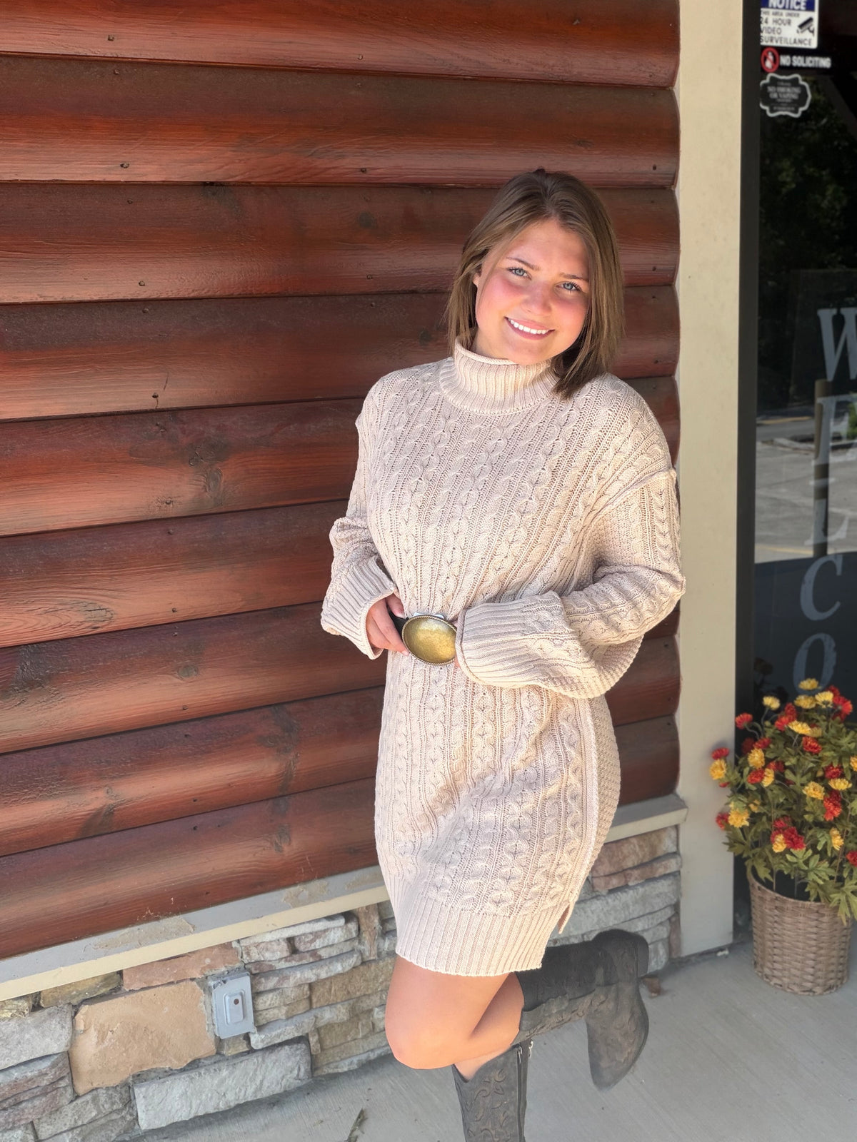 Cable Knit Mock Neck Mini Sweater Dress