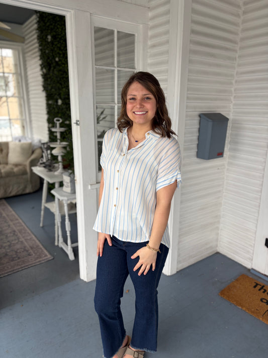 Blue Stripe SS Button Down Top