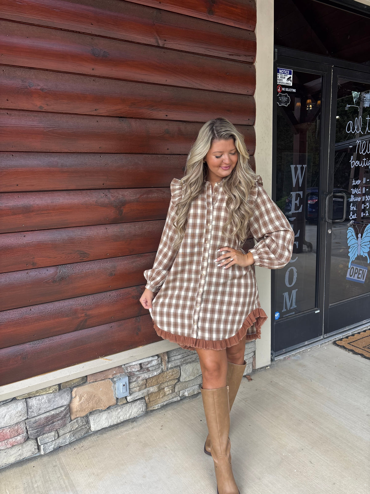 Brown Plaid Ruffle Hem Dress