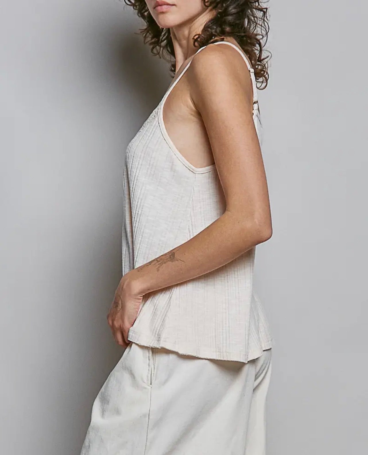 Textured Knit Vneck Lace Trim Cami