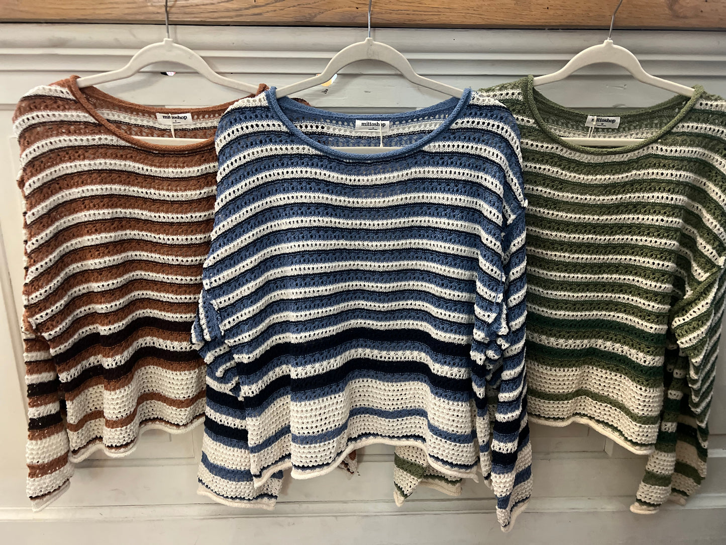 Striped Crochet Knit Boxy LS Sweater