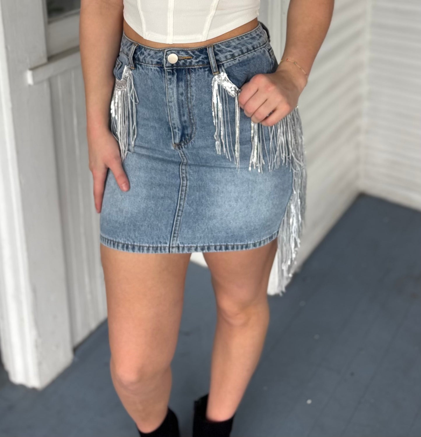 Denim Skirt w/ Fringe
