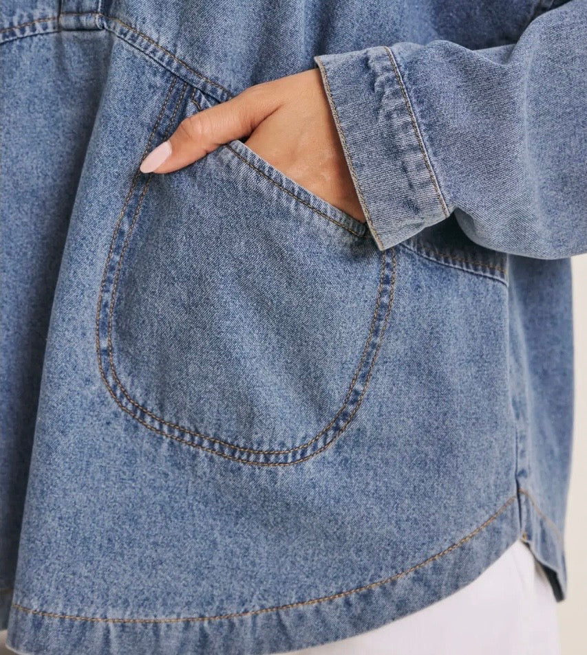 Mineral Washed Oversized Cotton Denim Pocket Top