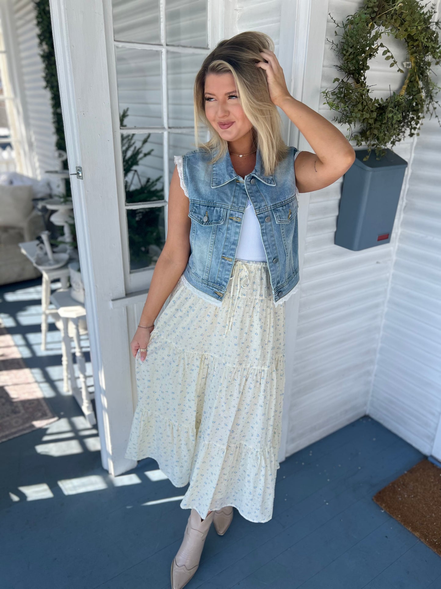 Denim Vest With Lace Trim