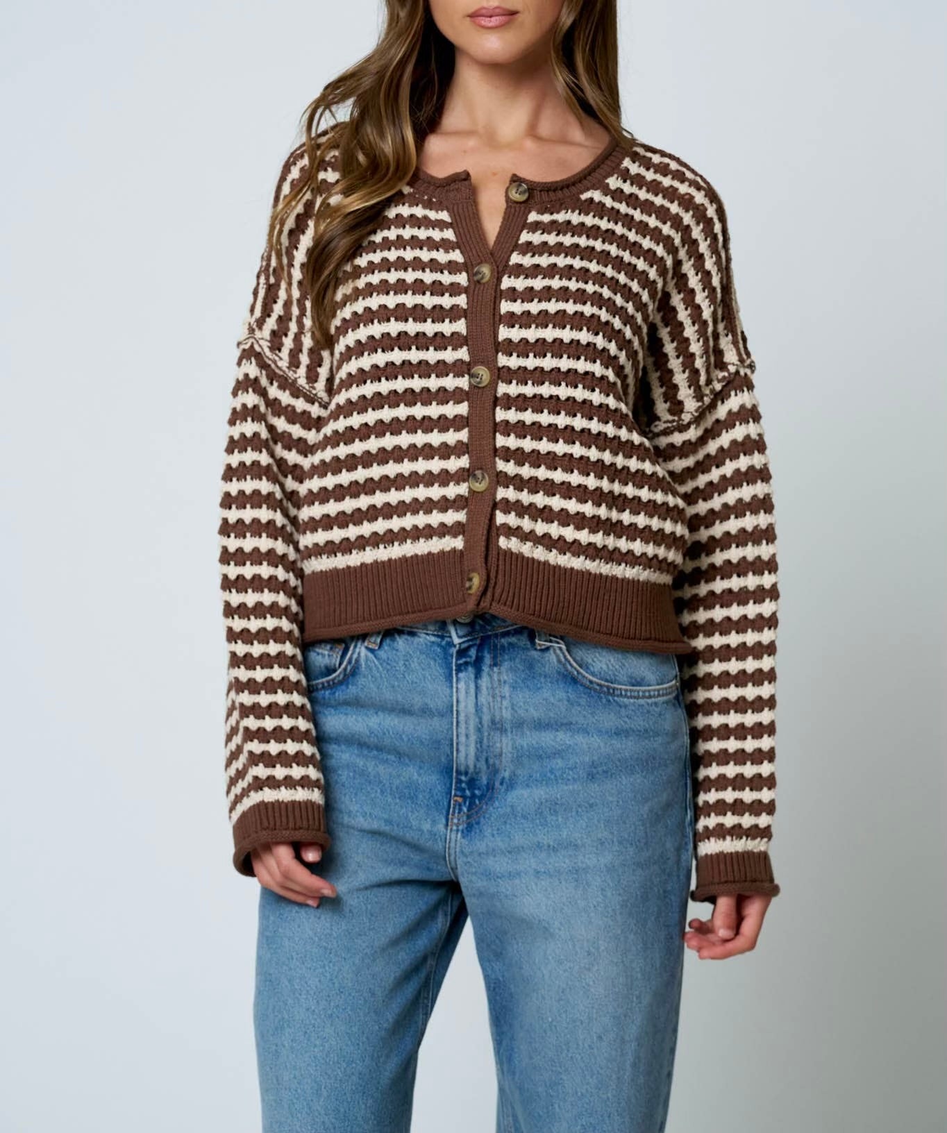 Textured Stripe Crochet Knit Button Down Cardigan