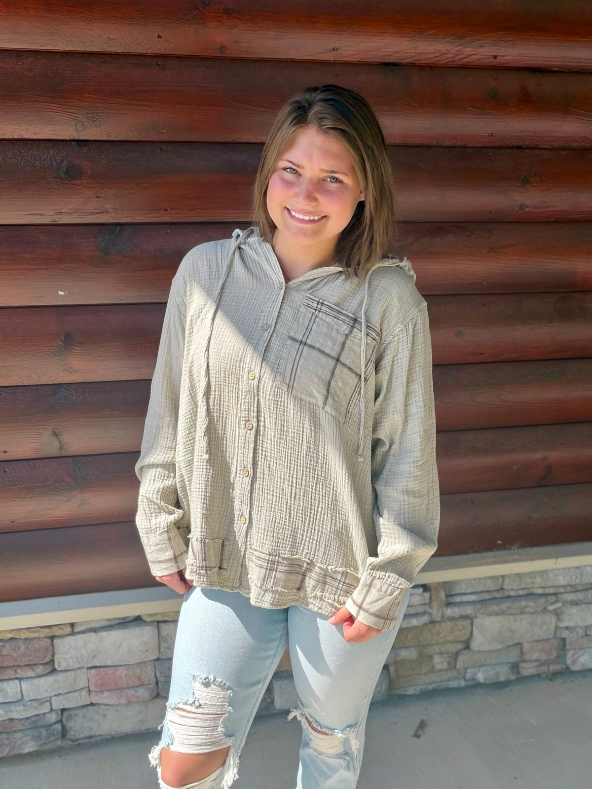 Plaid Mix Gauze LS Hooded Pullover