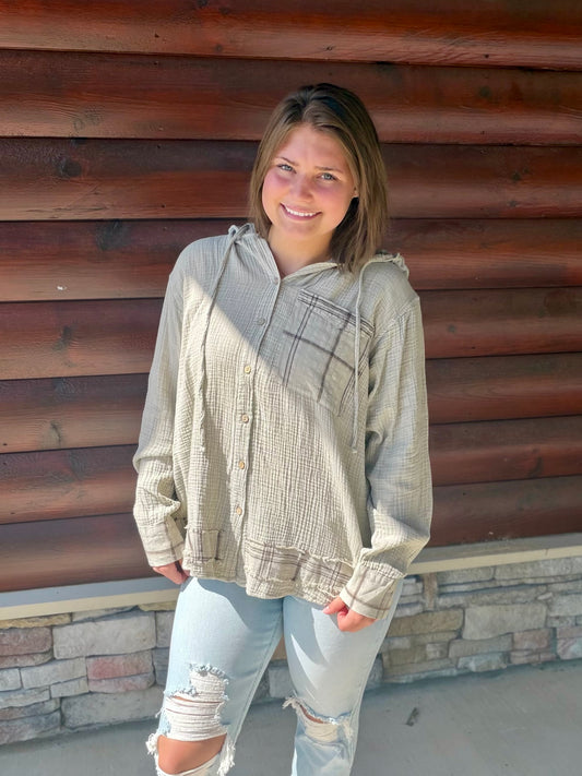 Plaid Mix Gauze LS Hooded Pullover