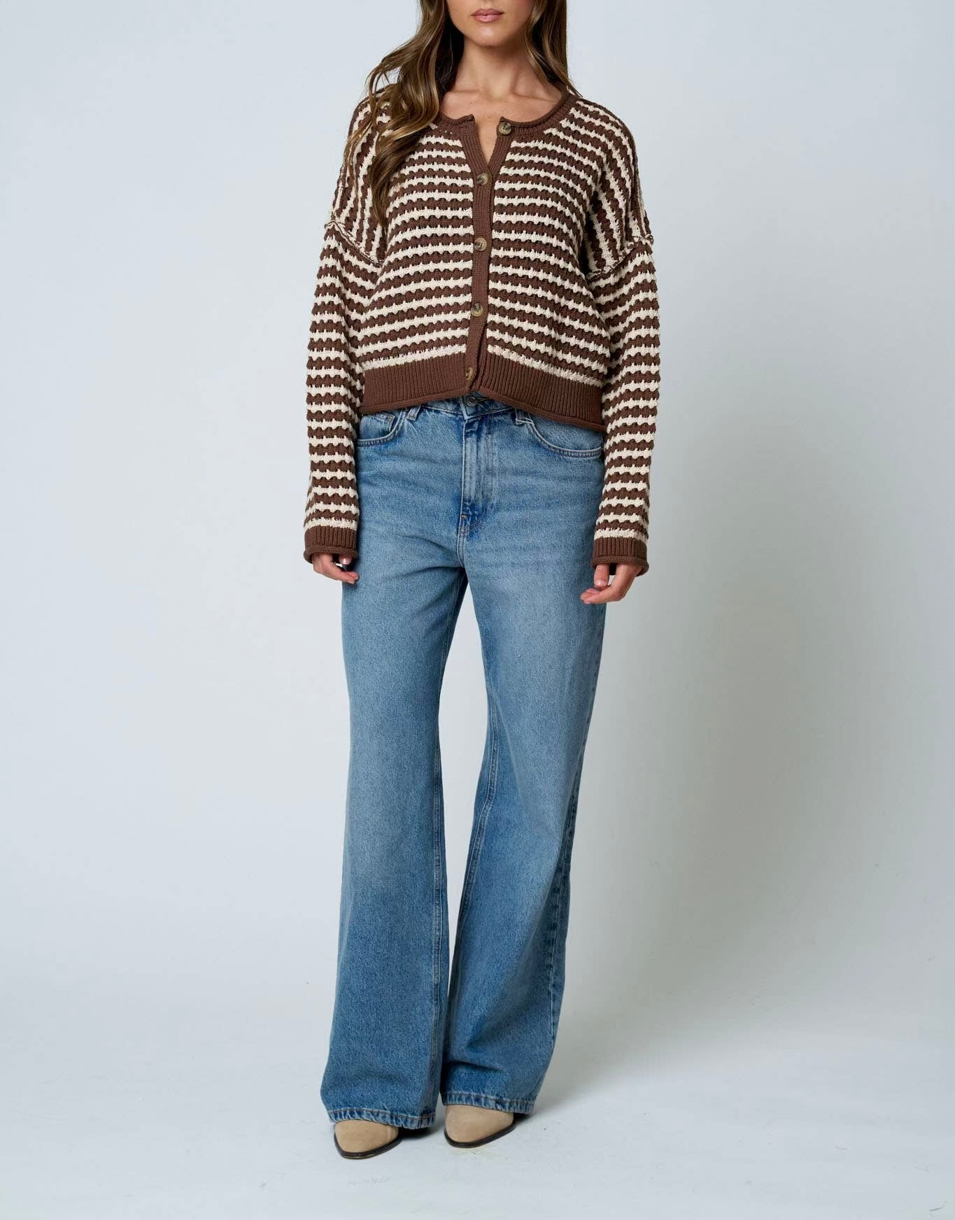 Textured Stripe Crochet Knit Button Down Cardigan