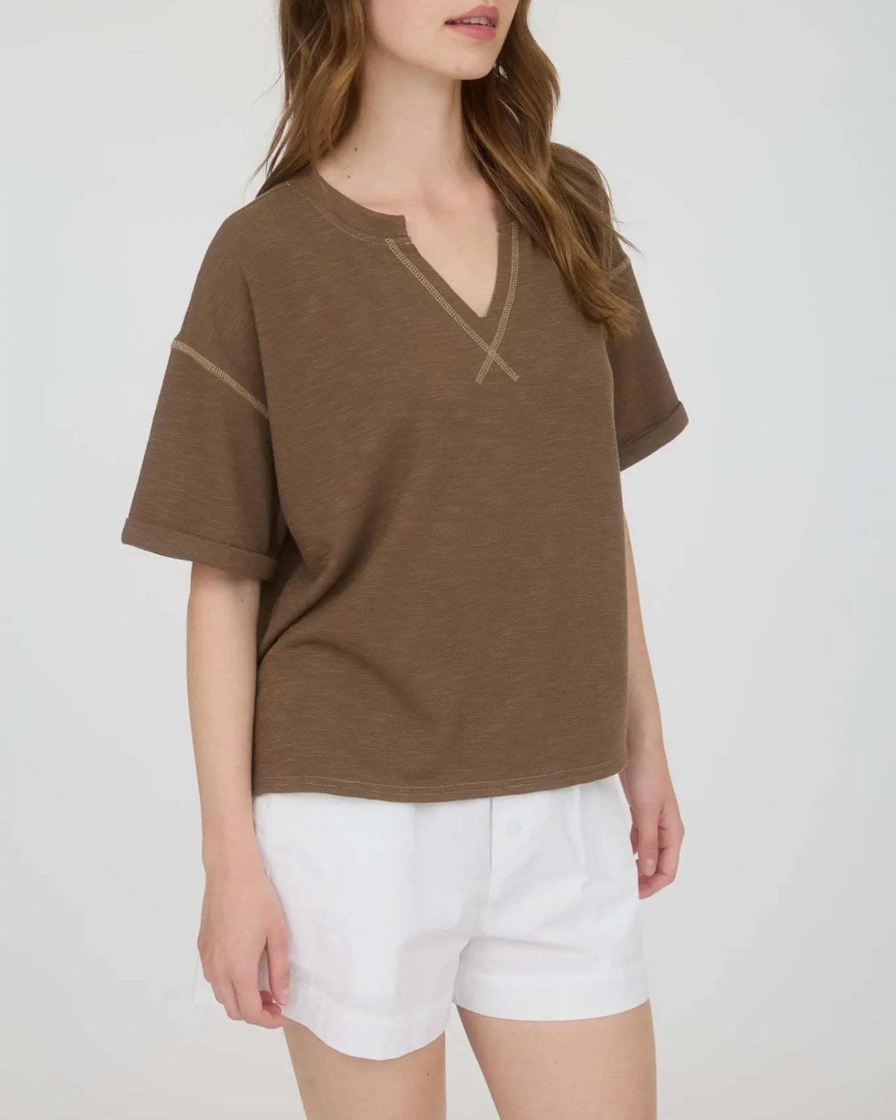 Contrast Stitch Drop Shoulder Cuff Sleeve Top
