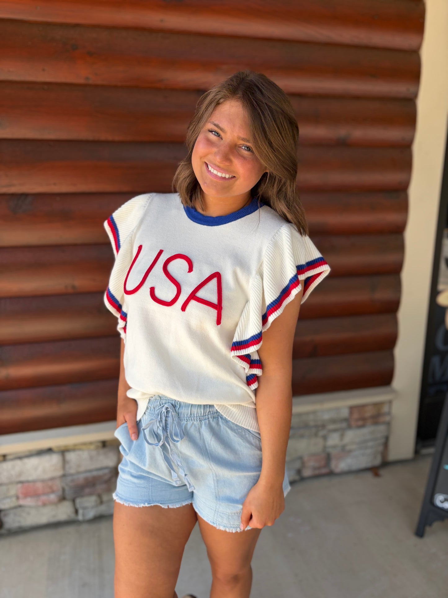 Ruffle Sleeve USA Sweater Top