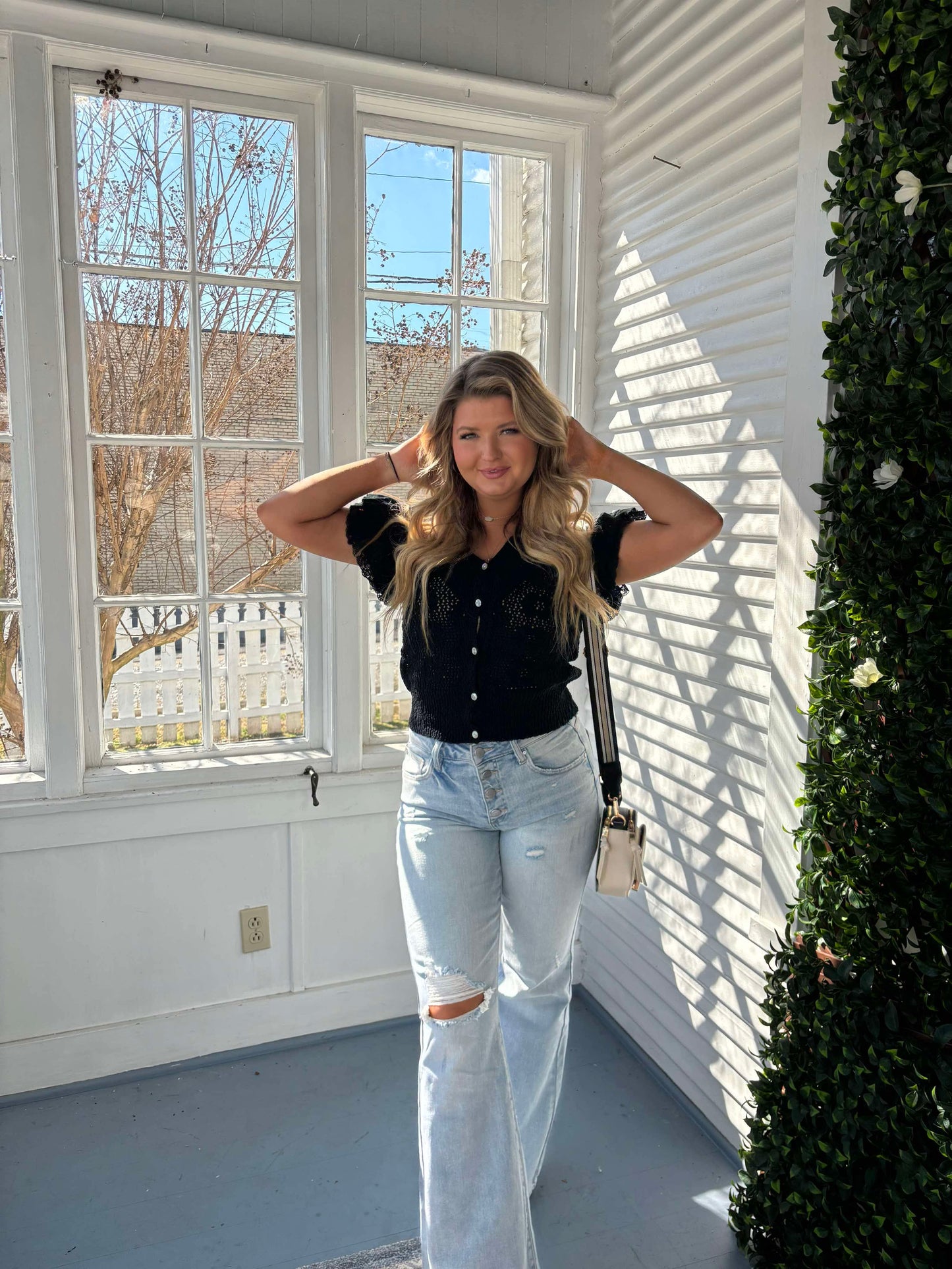 Lace Ruffle Sleeve Knit Button Top