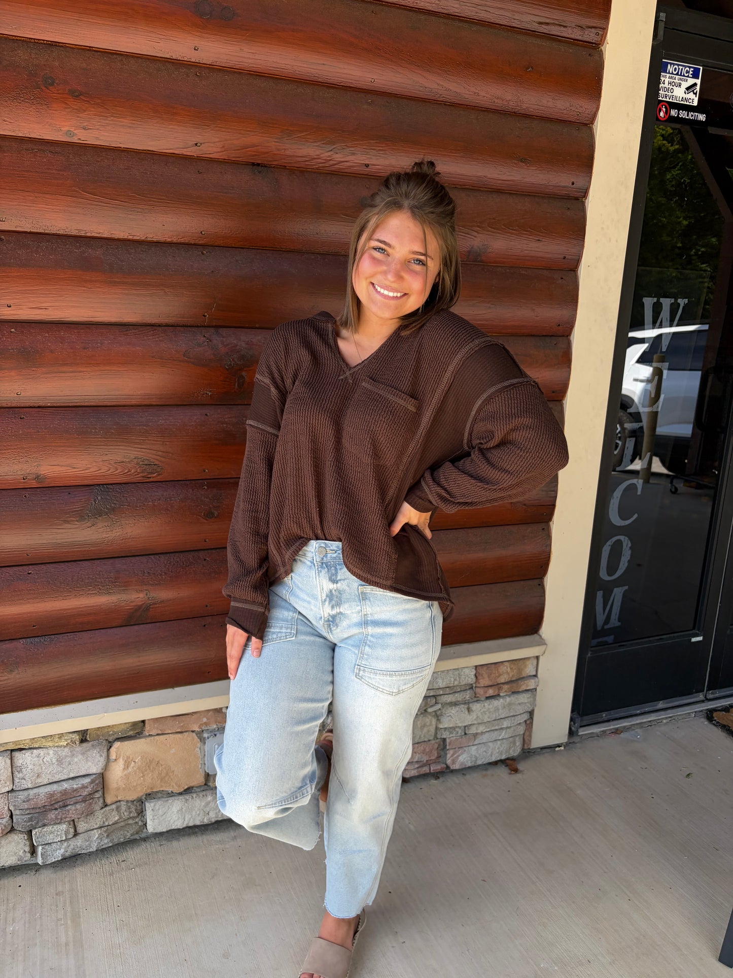 Vneck Raw Edge LS Ribbed Knit Top