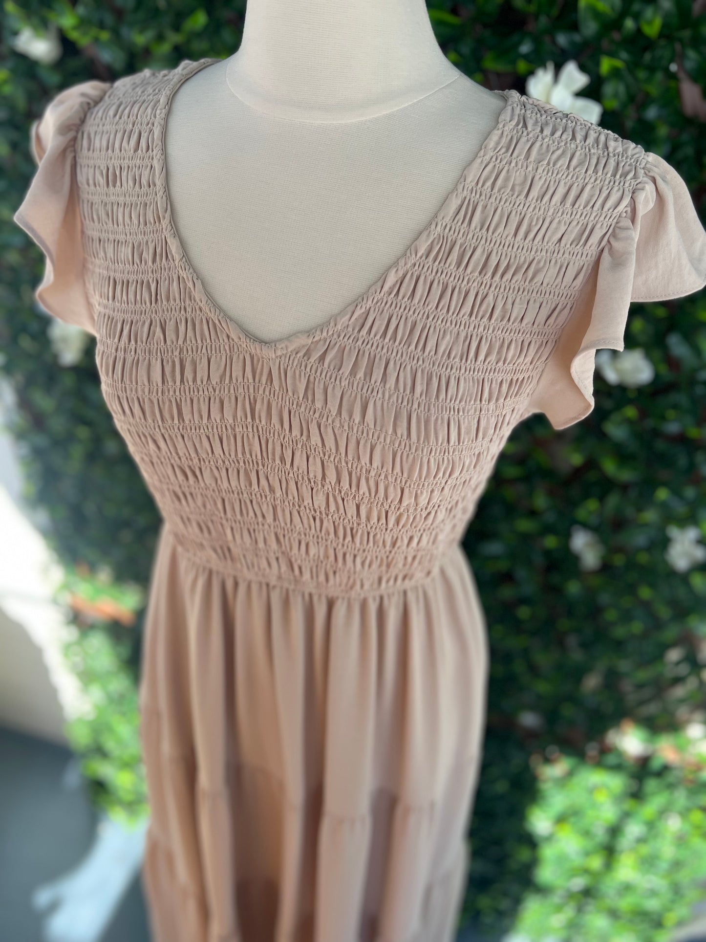 Smocked Vneck Midi Dress