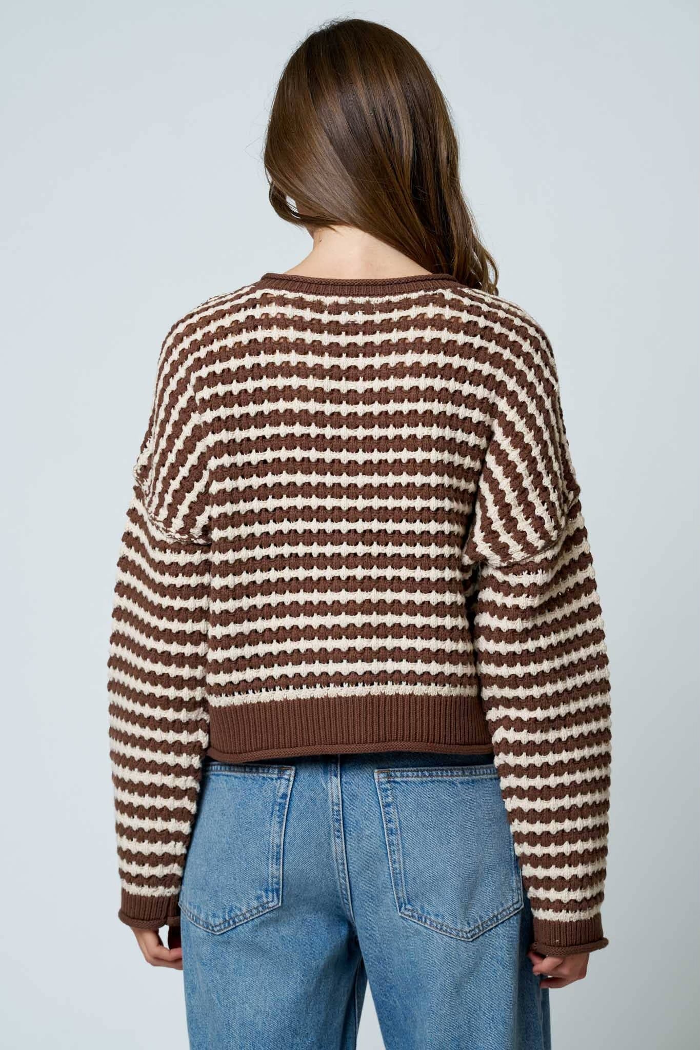 Textured Stripe Crochet Knit Button Down Cardigan