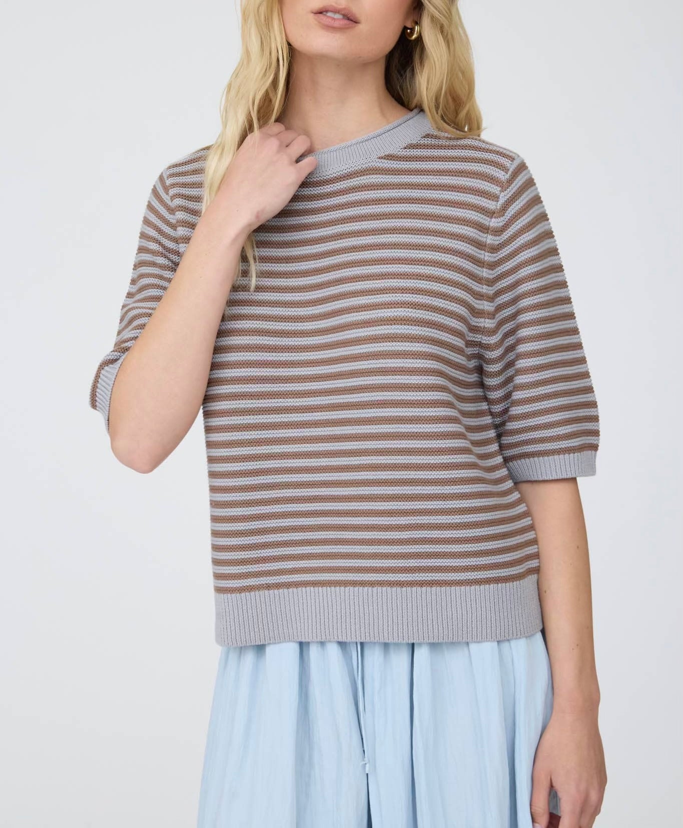 Textured Stripe Crewneck Half Sleeve Sweater