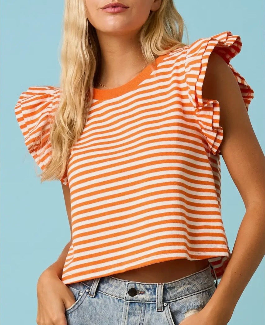 Striped Double Ruffle SS Contrast Top