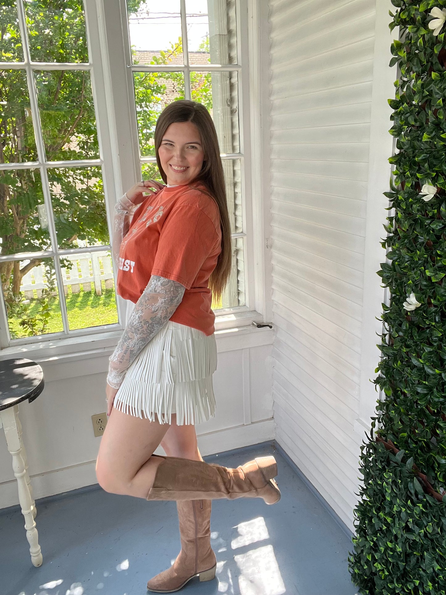 White Leather Fringe Skirt