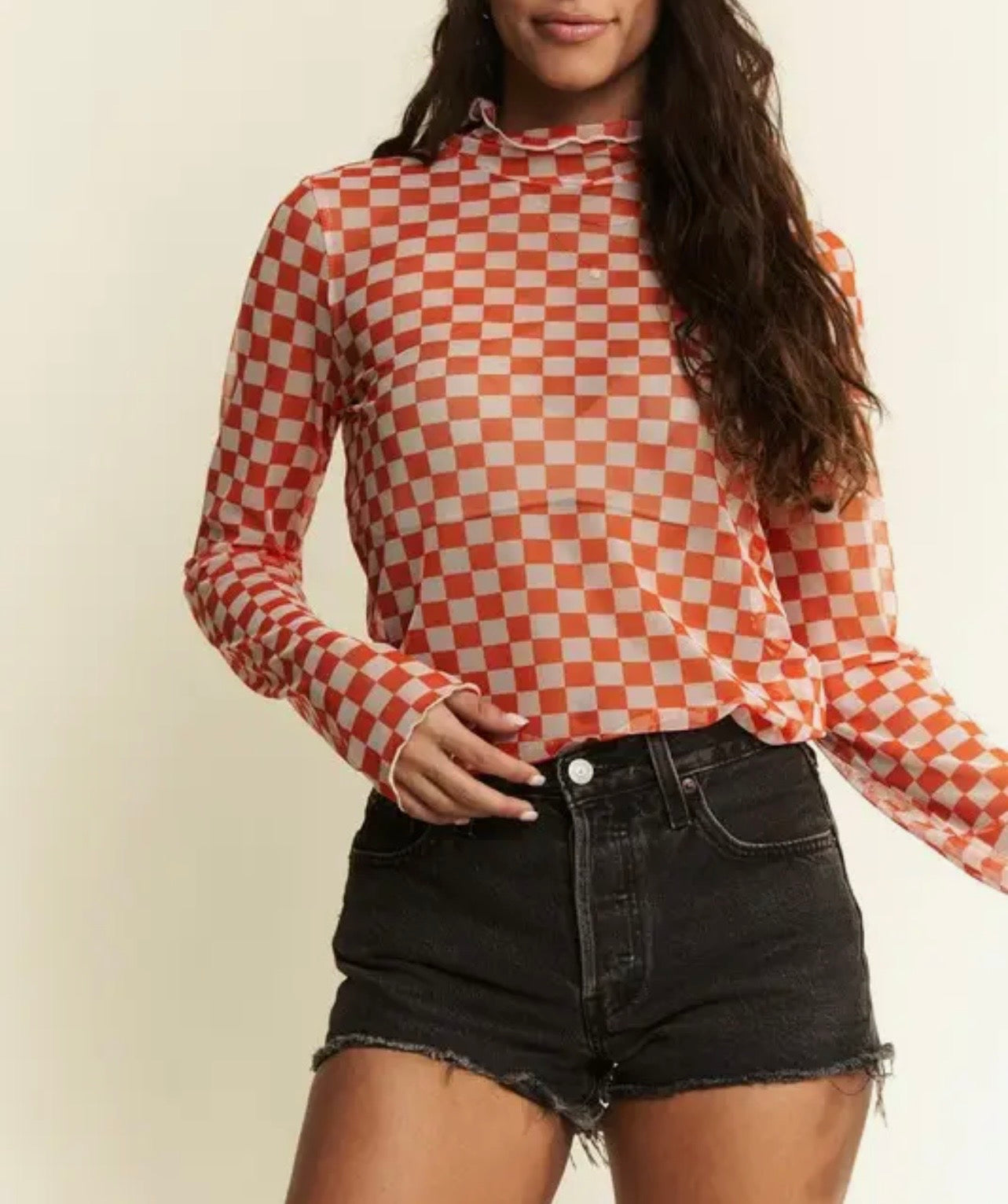 Checkerboard Mesh Mock Neck Top