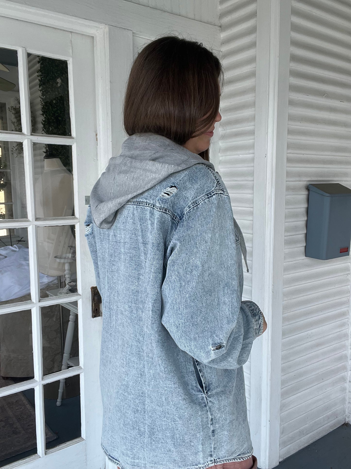 Oversized Hooded Zip Up Denim Shirt