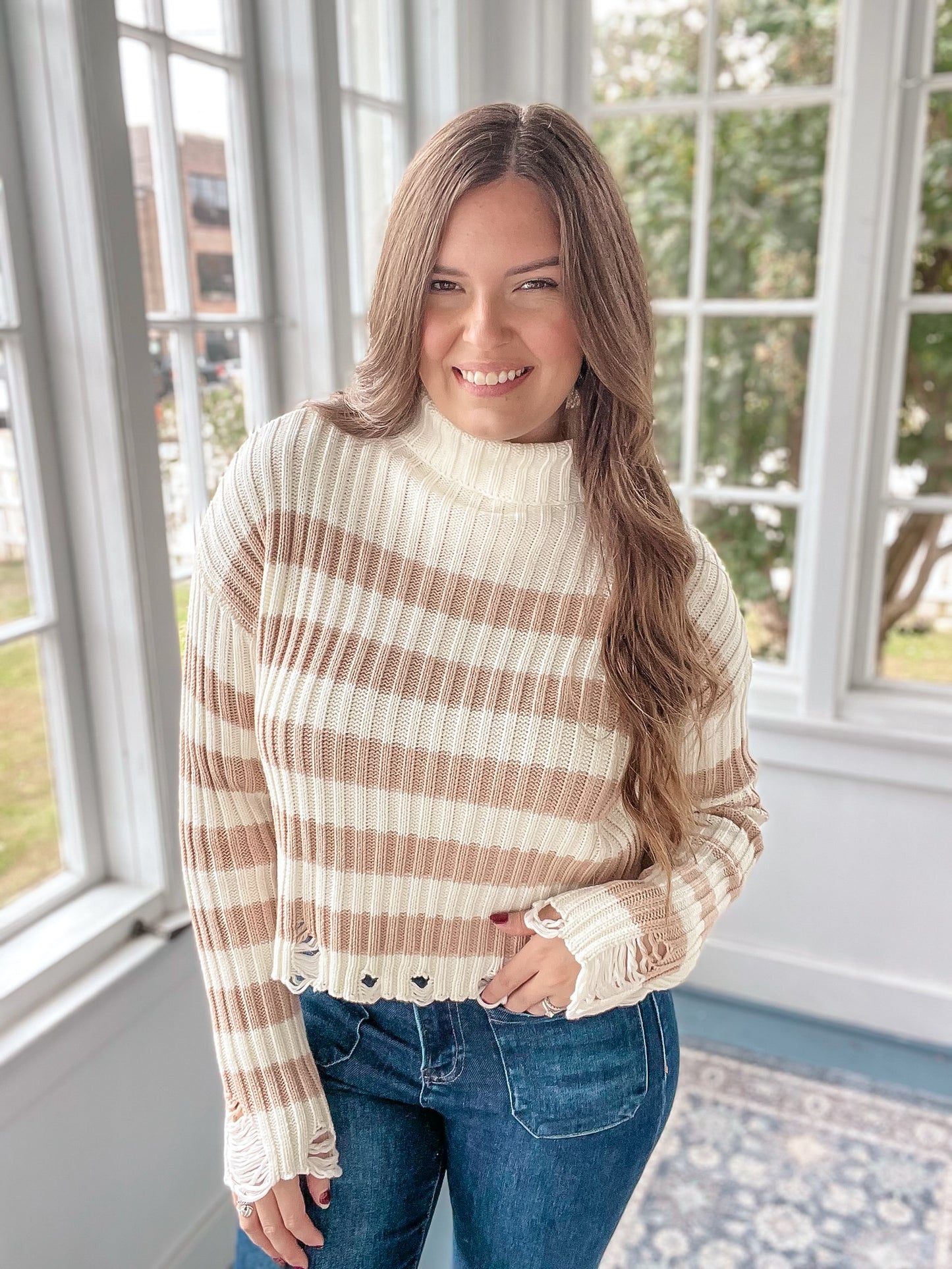 Cream/Taupe Distressed Turtleneck Sweater