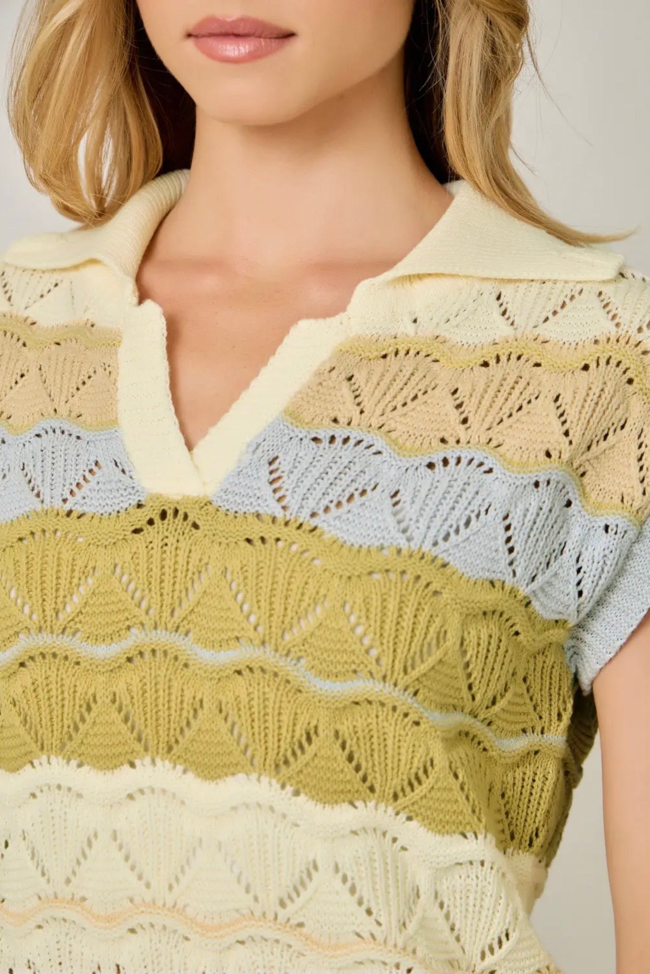 Color-Striped Ponte Polo SS Sweater