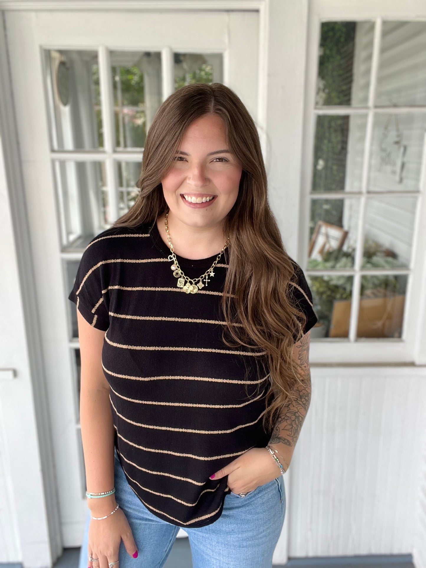 Short Sleeve Stripe Knit Top
