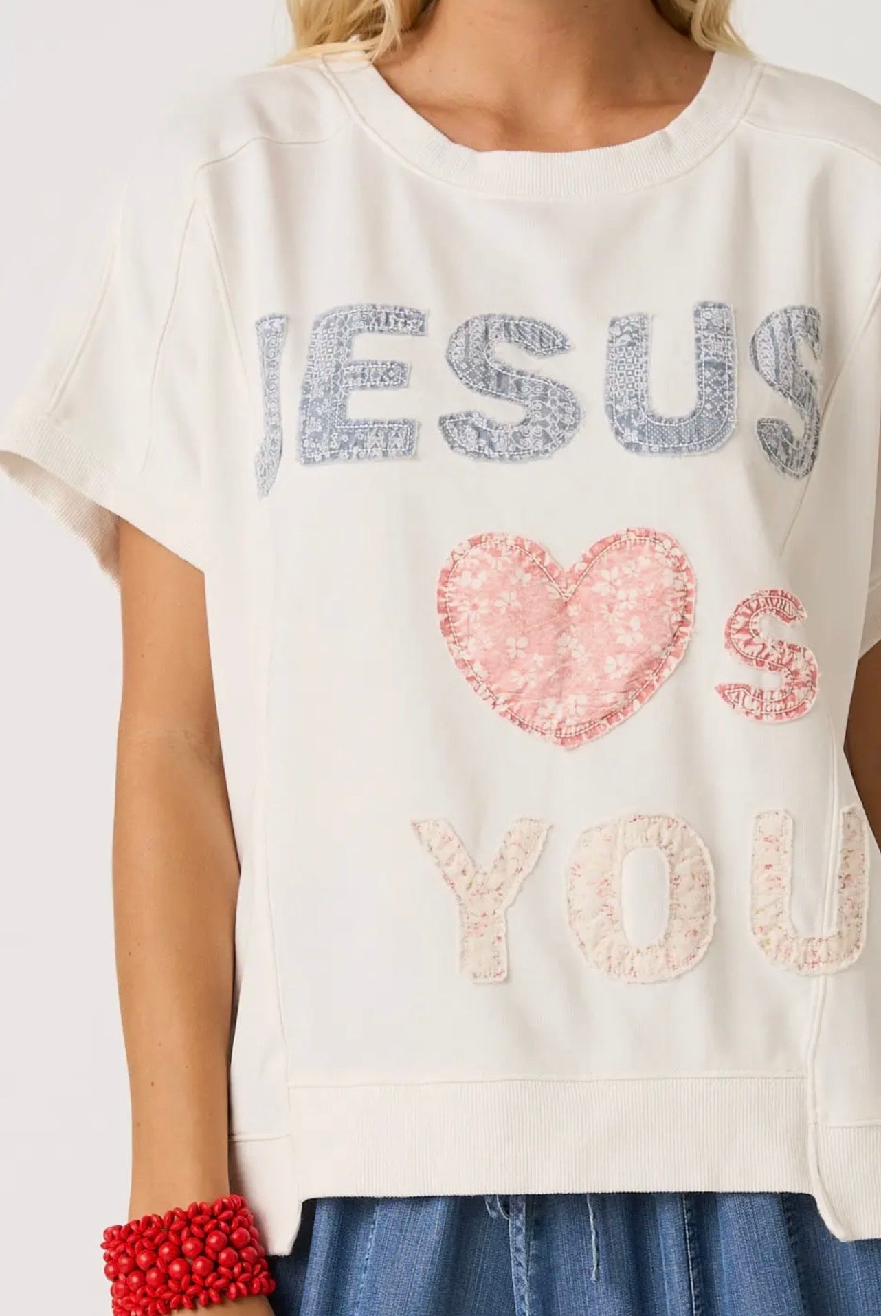 Jesus Loves You Patchwork French Terry SS Top