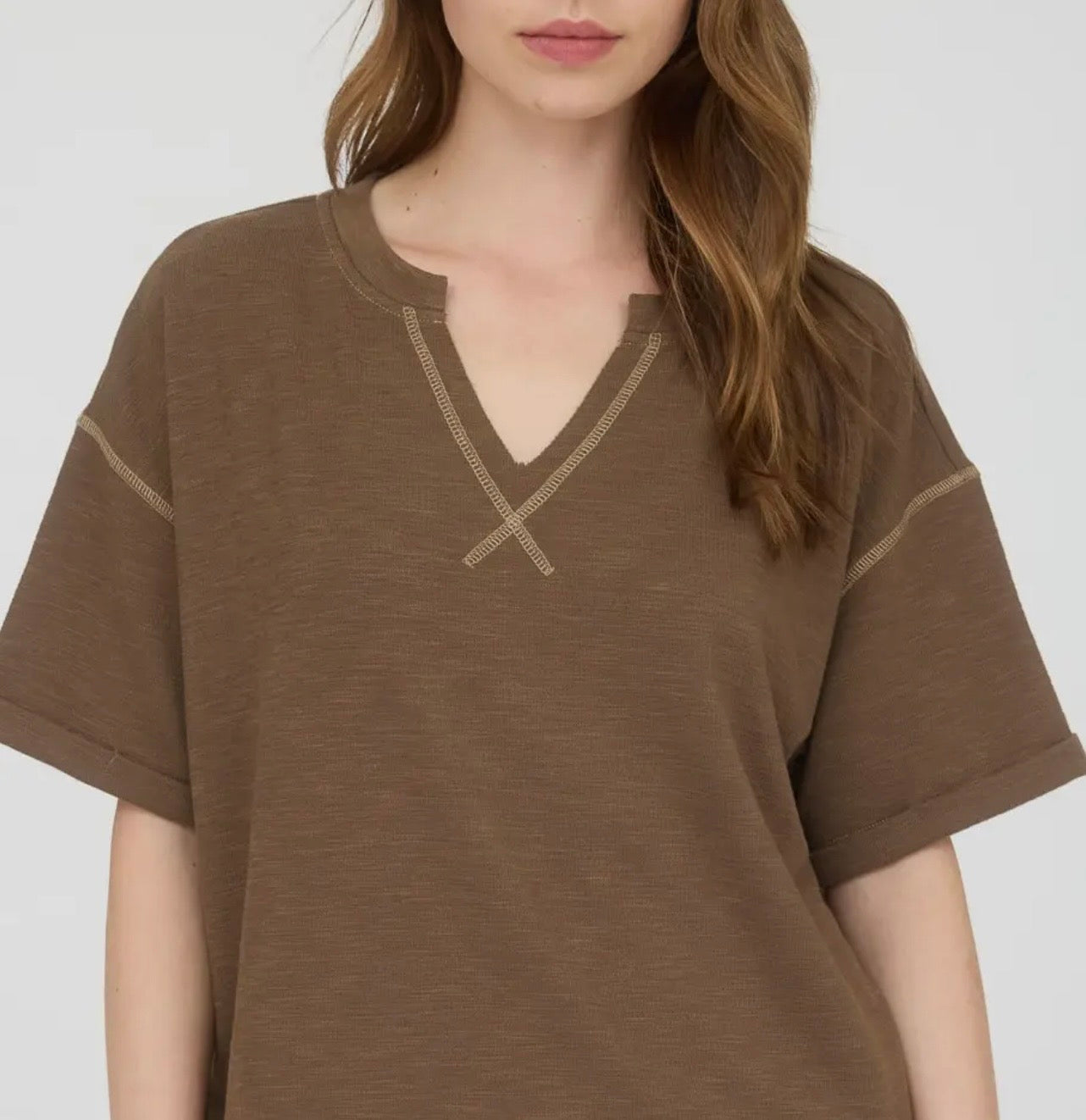 Contrast Stitch Drop Shoulder Cuff Sleeve Top