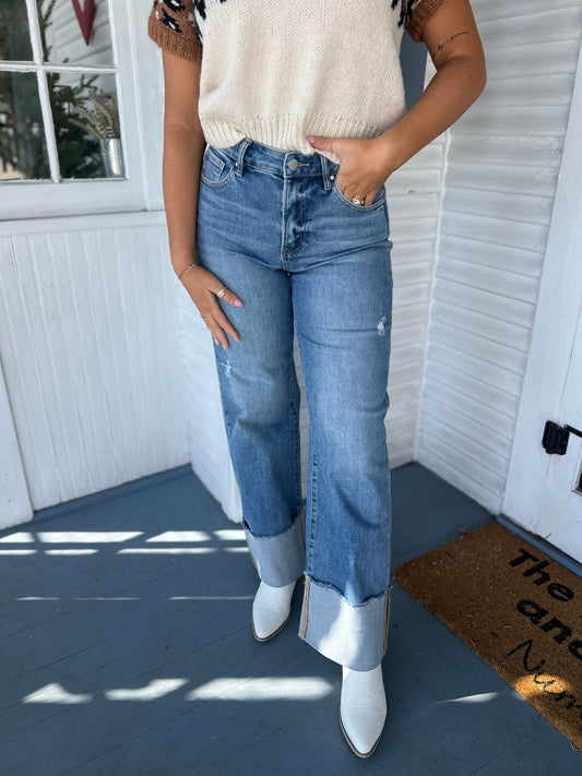 High Rise Cuffed Wide Leg Jeans