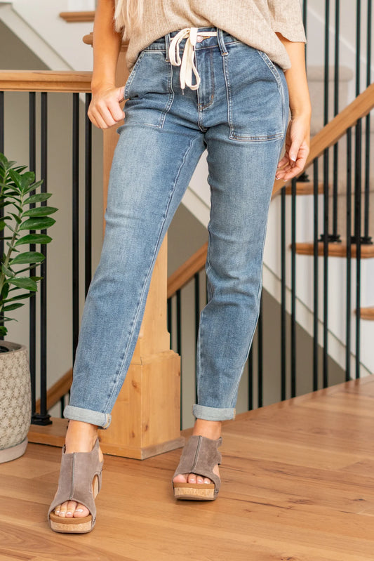 High Waist Denim Tie Jogger