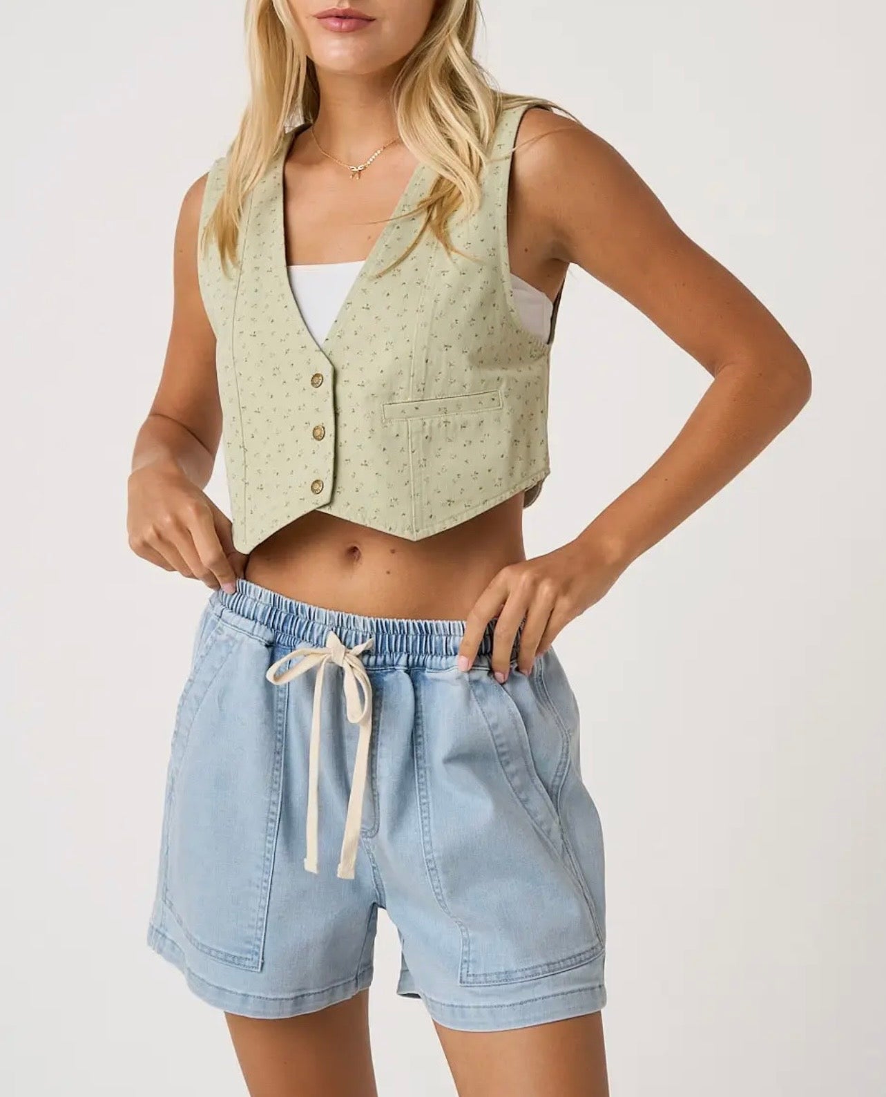Elastic Waist Drawstring Denim Shorts