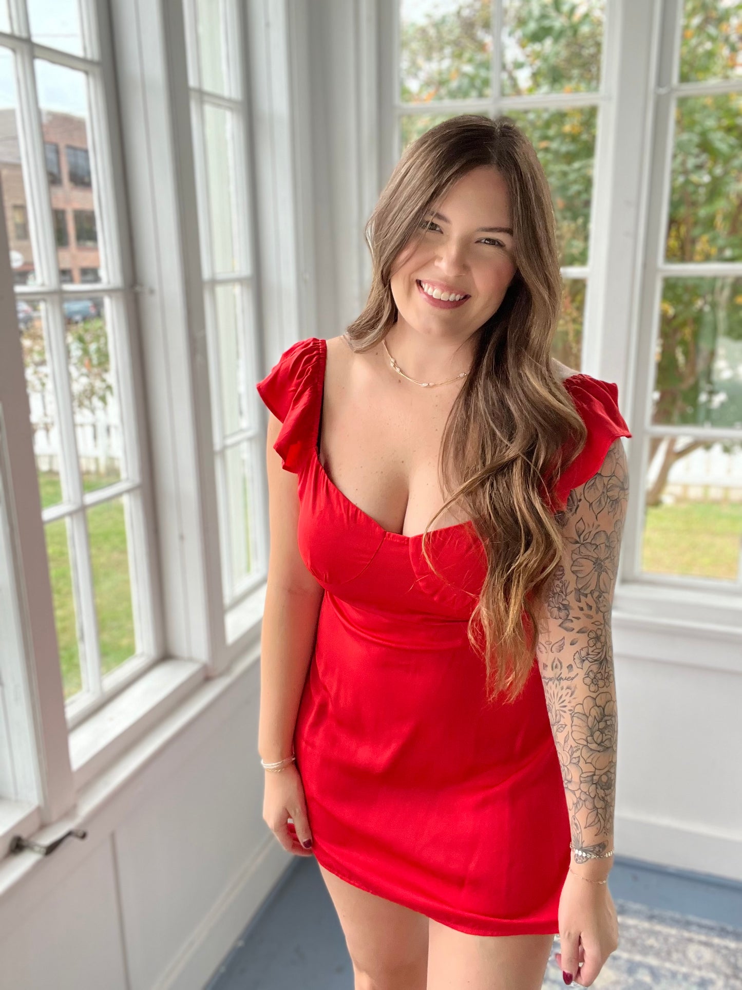 Red Ruffle Sleeve Mini Dress