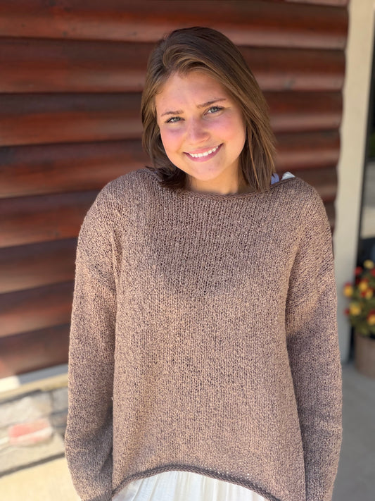 Boat Neck Contrast Trim LS Knit Sweater