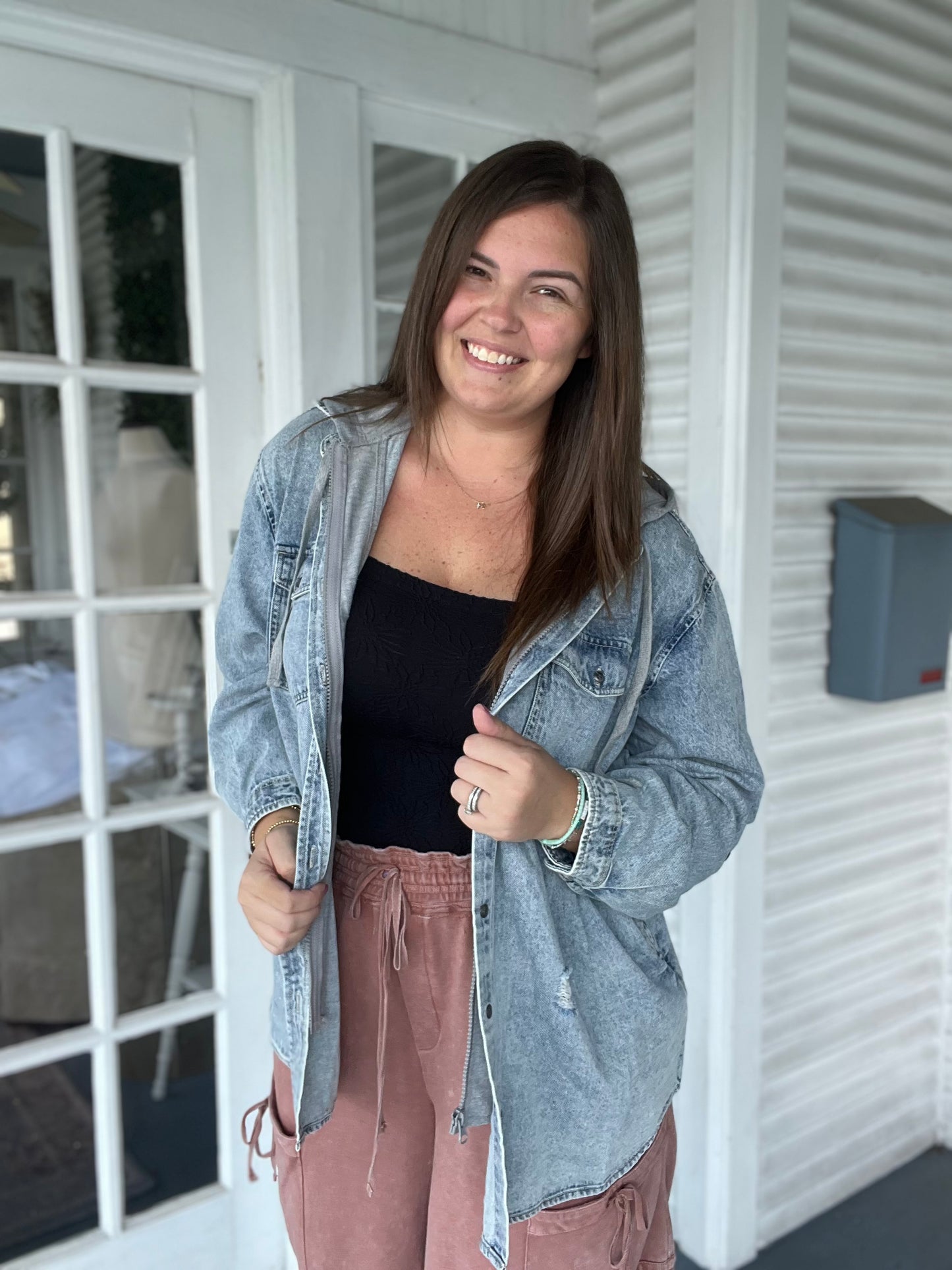 Oversized Hooded Zip Up Denim Shirt