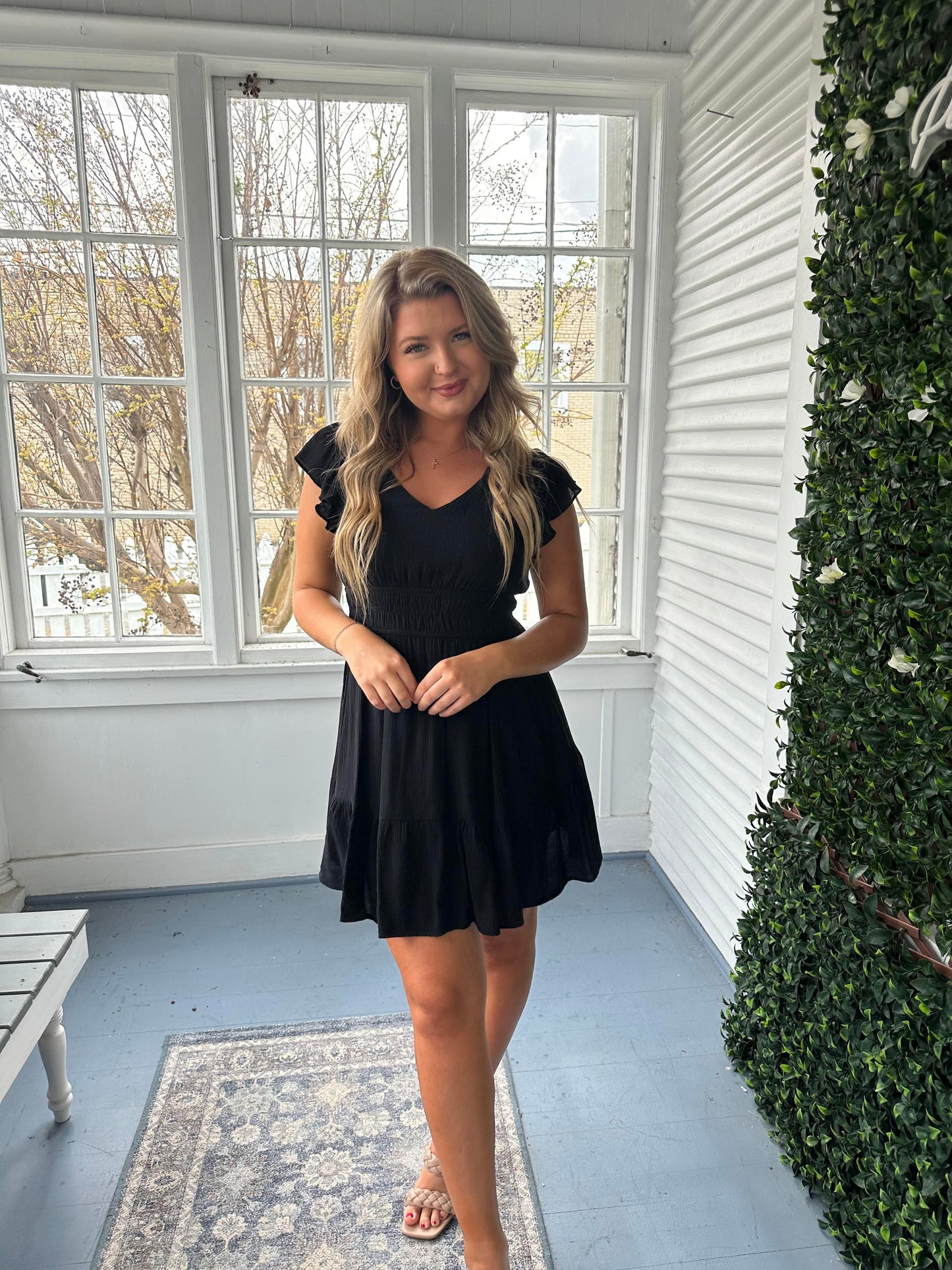 Black Gauze Flutter Sleeve Dress