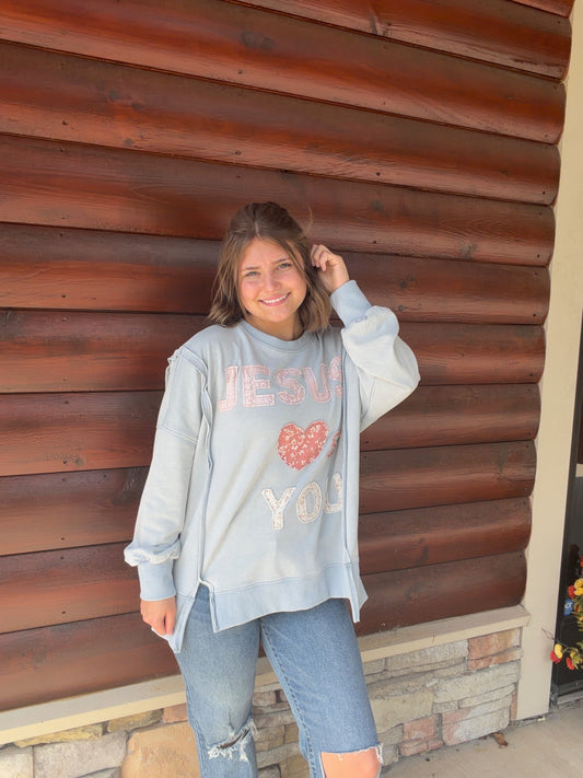 Jesus Loves You Patchwork Mineral Washed LS Sweatshirt