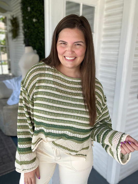 Striped Crochet Knit Boxy LS Sweater