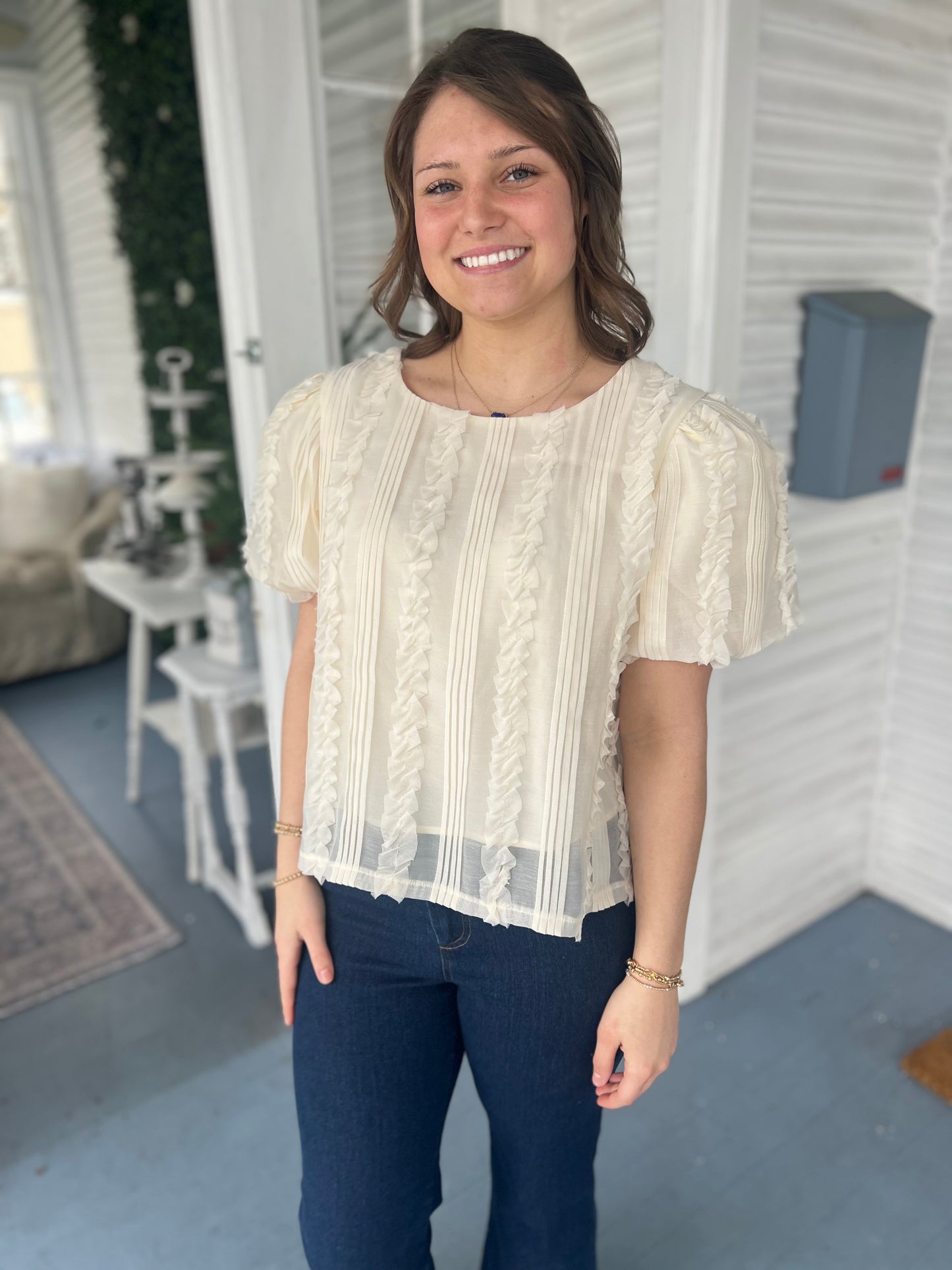 Cream Ruffle/Pleated Detail Blouse