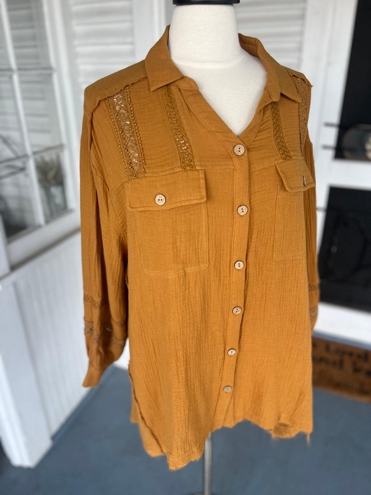 Mustard Gauze Button Down Top
