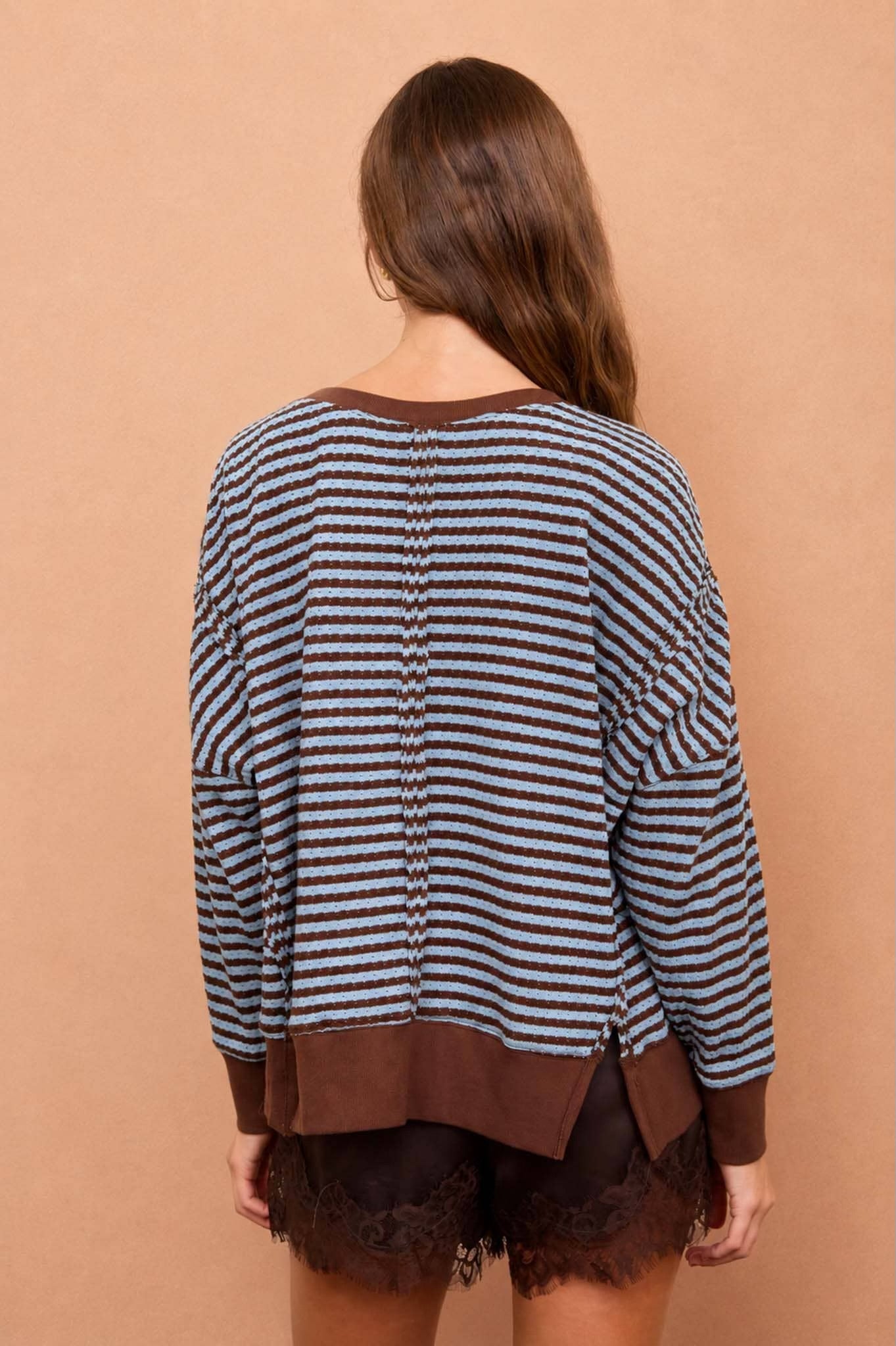 Stripe Exposed Seam Split Hem LS Knit Top