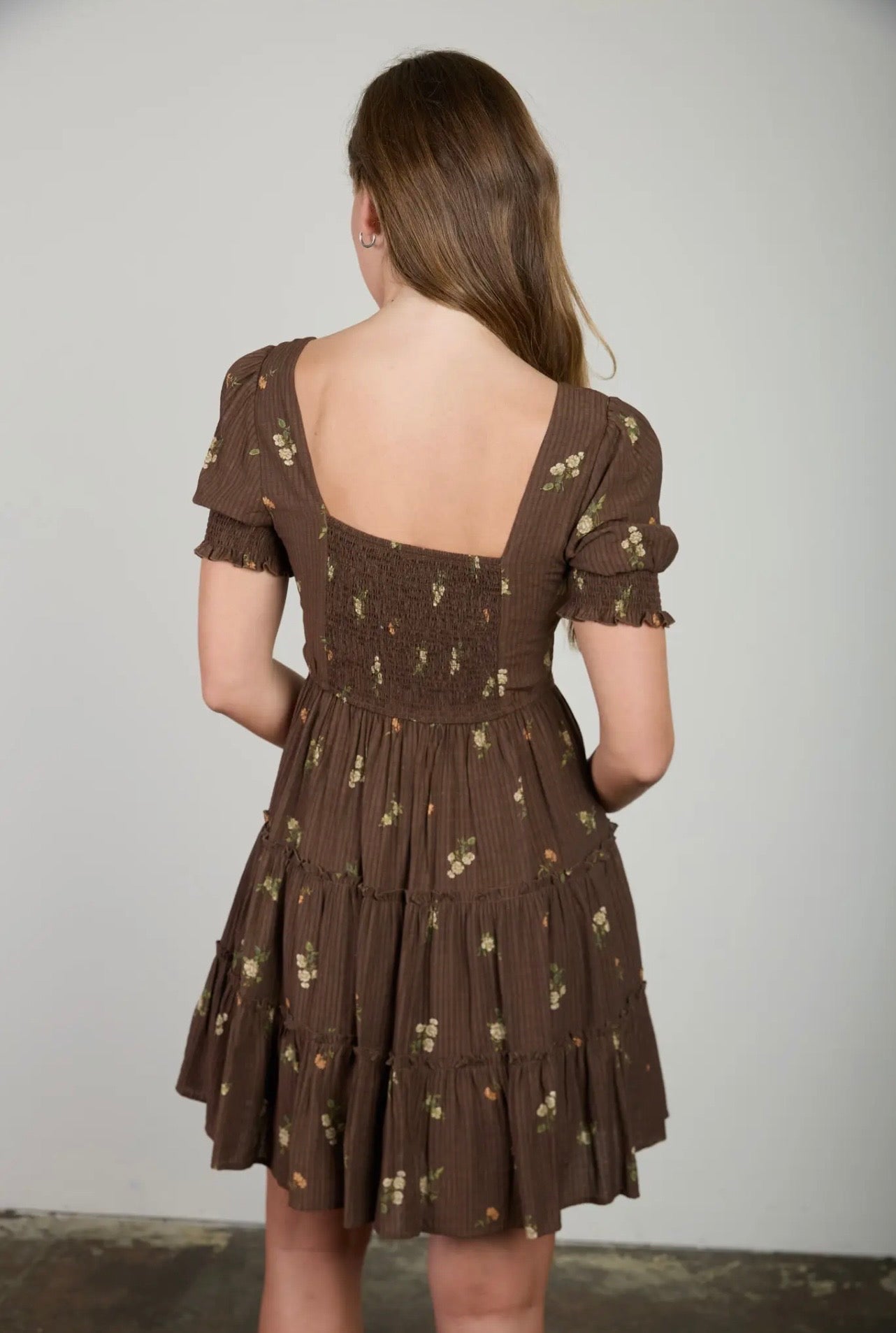Brown Floral Tiered Mini Dress