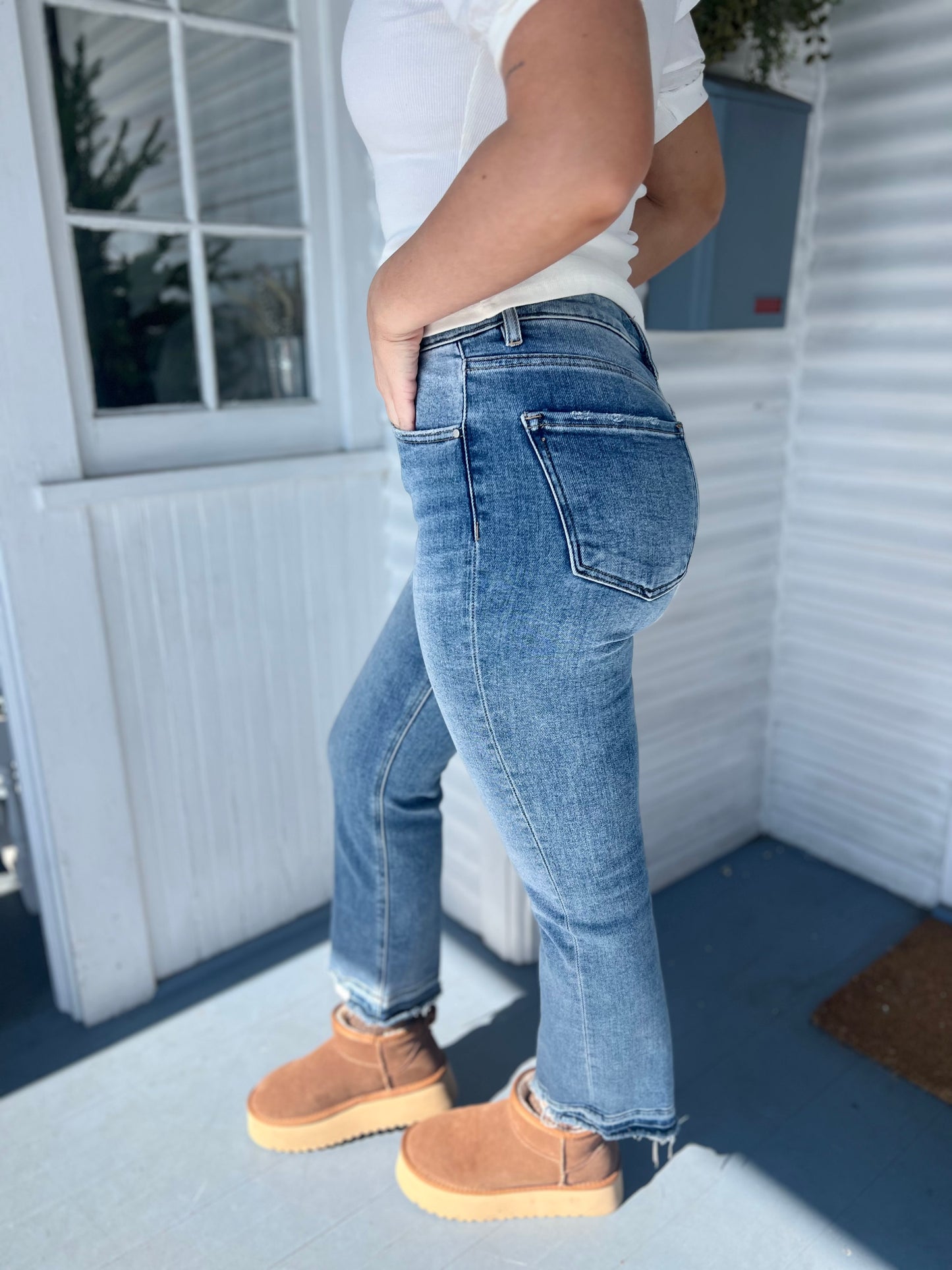 High Rise Shadow Hem Straight Leg