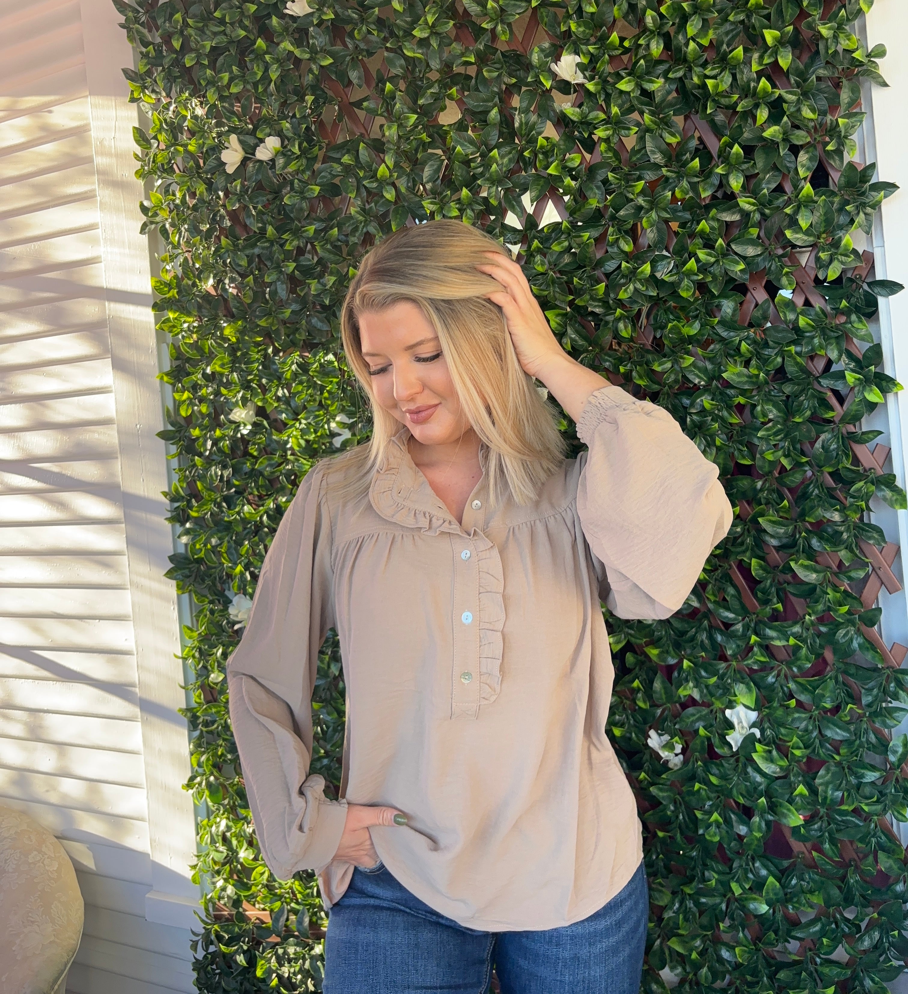 Ruffle LS Blouse – All Things New Boutique