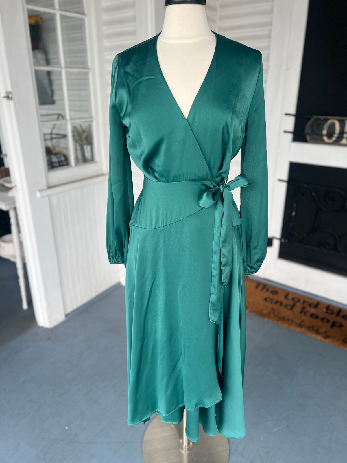 Green LS Satin Wrap Maxi Dress