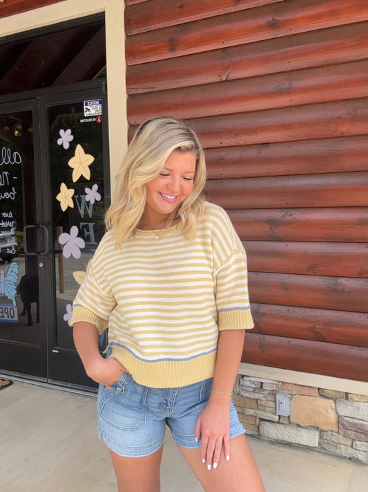 Stripe Raw Edge Contrast SS Sweater