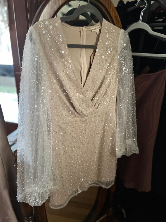 Sheer LS Beaded Vneck Dress