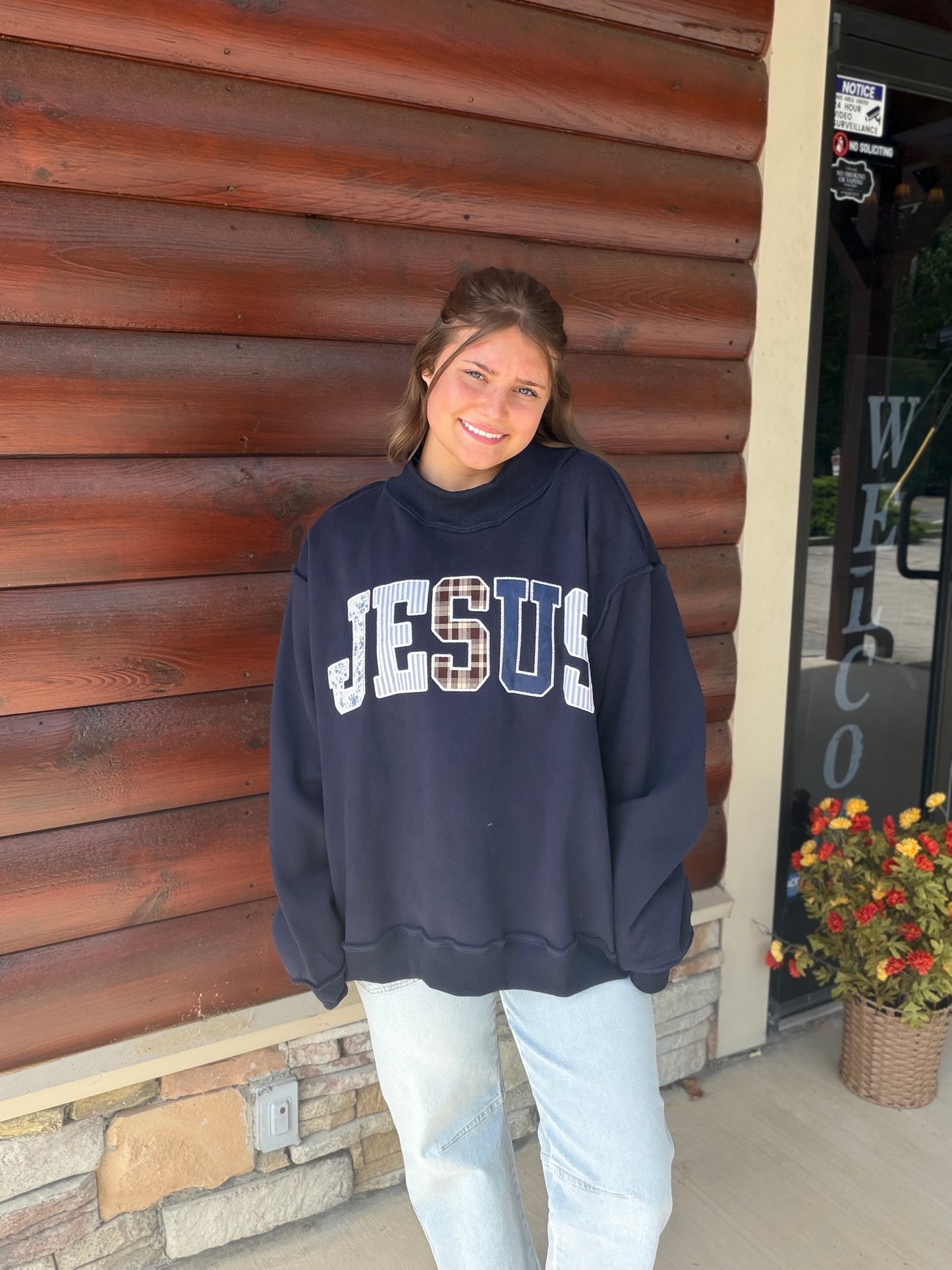 ‘JESUS’ Embroidered Patchwork Mock Neck