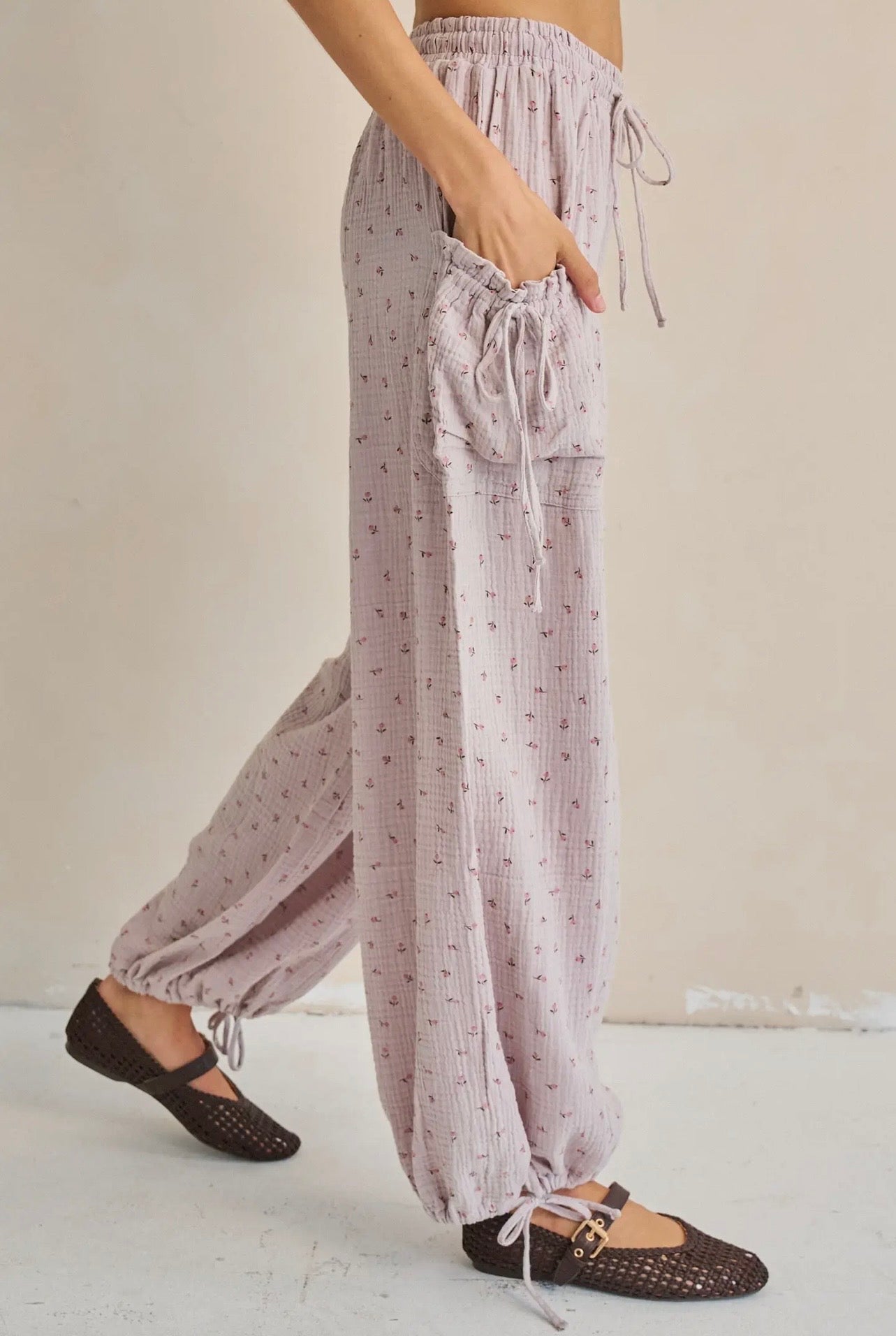 Floral Gauze Drawstring Pants