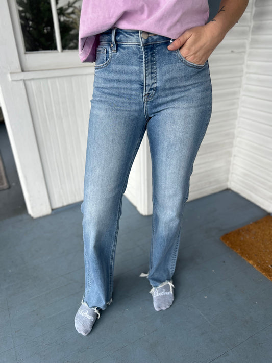 High Rise Tummy Control Wide Leg Raw Hem