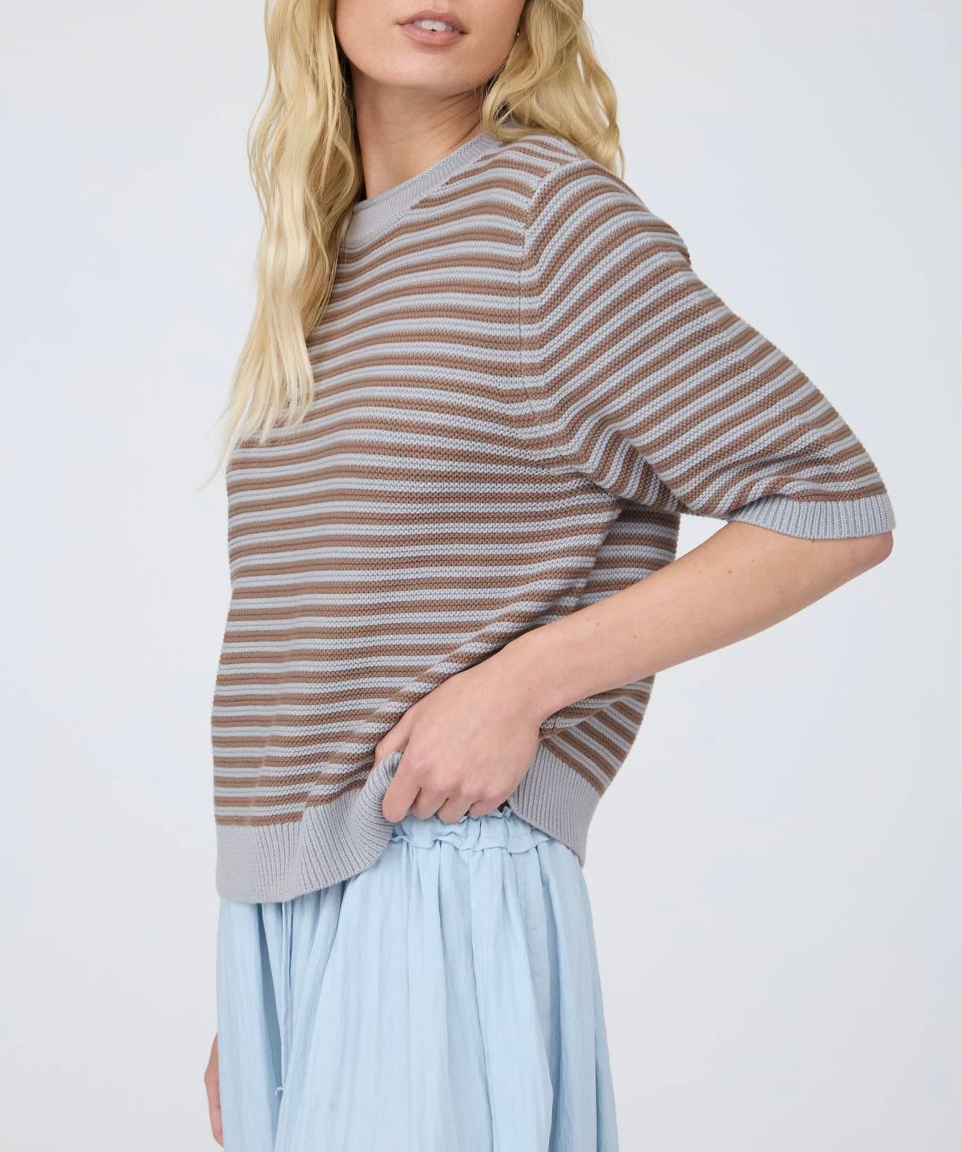 Textured Stripe Crewneck Half Sleeve Sweater